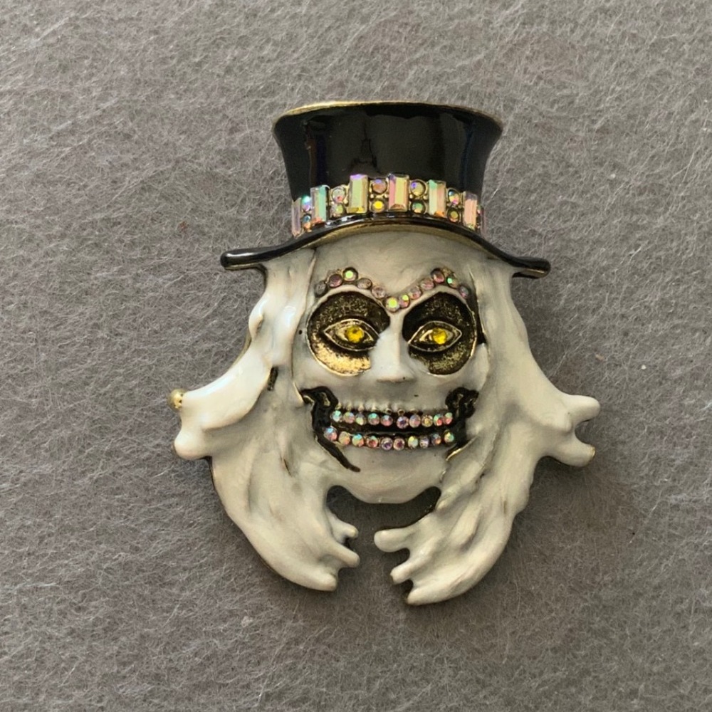 Halloween Spooky Skeleton Ghost Face Enamel Brooch Pin Top Hat Rhinestones